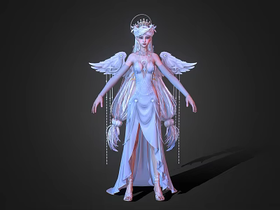Angelic Woman In Elegant White Dress With Halo Feathered Wings And Tassels 3d model