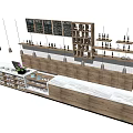 Wooden Reception Counter With Storage Shelves Dishes Blackboard Menus And Hanging Lights In Café