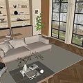 Modern Beige Sofa and Wooden Coffee Table With Decorative Pillows Area Rug and Green Plant