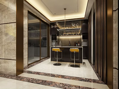 Modern Bar Area Design With Marble Countertop Yellow Stools And Hanging Lights 3d model