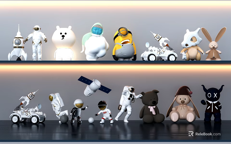 Colorful Stuffed Dolls Collection Featuring Astronaut Polar Bear Minion Rabbit Bear And Space Elements 3d model 