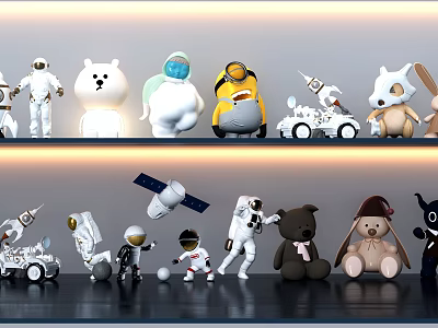 Colorful Stuffed Dolls Collection Featuring Astronaut Polar Bear Minion Rabbit Bear And Space Elements 3d model