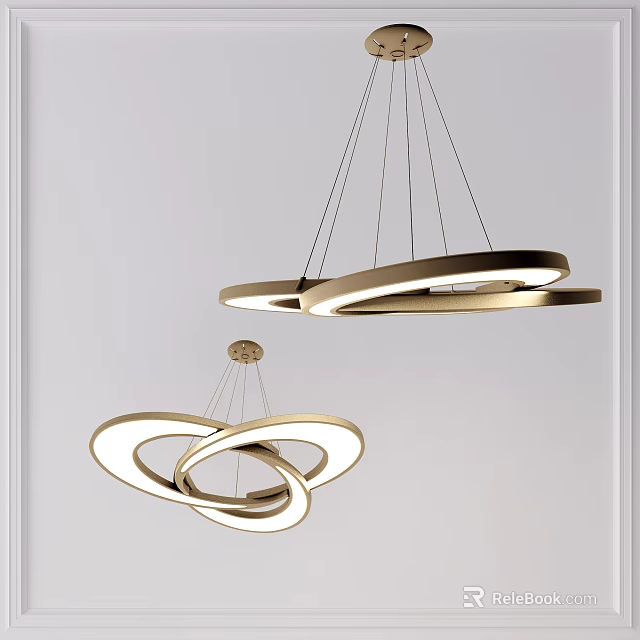 Modern Golden Chandeliers With Circular Ring Design Hanging In Interior Space 3d model