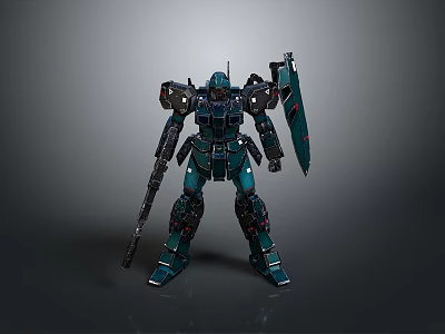 Game Movie Character Dark Green Mech Warrior With Detailed Mechanical Design Holding Weapon And Shield 3d model