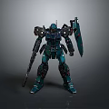 Game Movie Character Dark Green Mech Warrior With Detailed Mechanical Design Holding Weapon And Shield