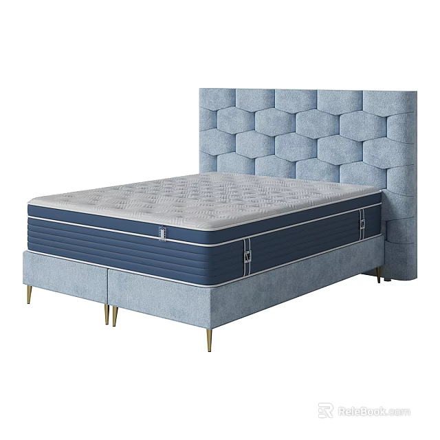 Double Bed featuring Tufted Blue Upholstered Headboard Gray Mattress and Gold Slim Legs 3d model 