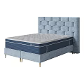 Double Bed featuring Tufted Blue Upholstered Headboard Gray Mattress and Gold Slim Legs