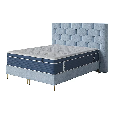 Double Bed featuring Tufted Blue Upholstered Headboard Gray Mattress and Gold Slim Legs 3d model