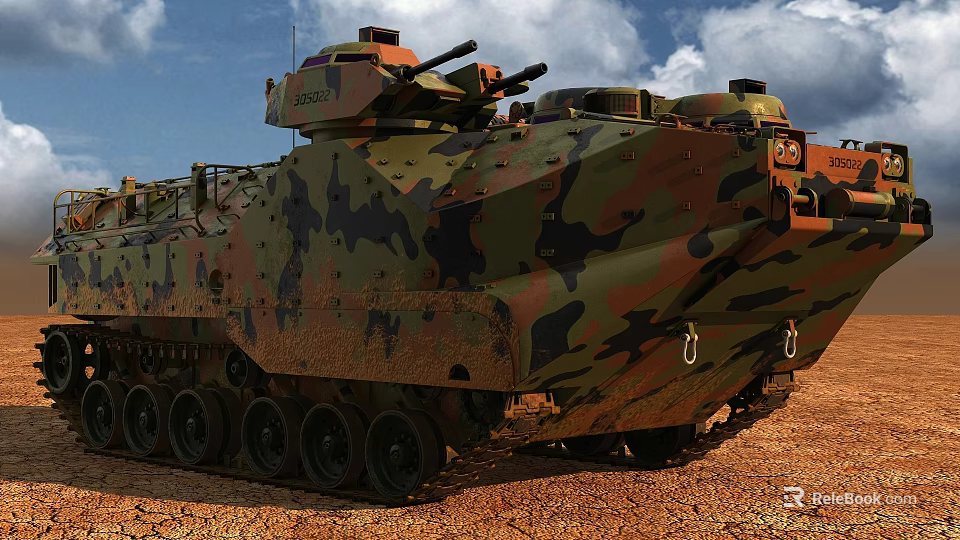 Military Armored Tank With Camouflage Paint Tracks And Exterior On Sandy Terrain 3d model 