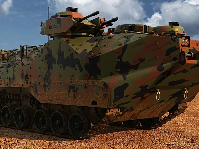 Military Armored Tank With Camouflage Paint Tracks And Exterior On Sandy Terrain 3d model