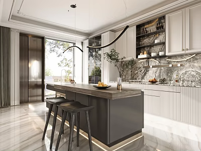 Elegant Modern Kitchen Interior With Marble Island Counter Cabinets Stylish Lighting And Bar Stools 3d model