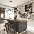 Elegant Modern Kitchen Interior With Marble Island Counter Cabinets Stylish Lighting And Bar Stools