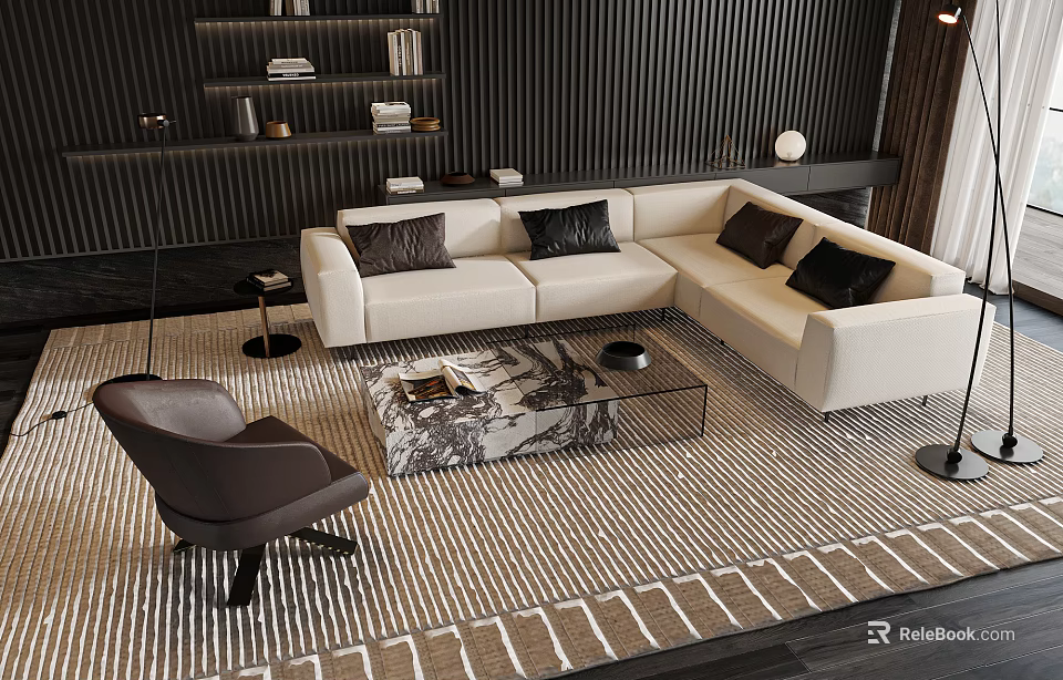 Modern White L Shaped Sofa and Glass Coffee Table Set with Black Cushions Striped Rug 3d model 