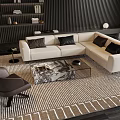 Modern White L Shaped Sofa and Glass Coffee Table Set with Black Cushions Striped Rug