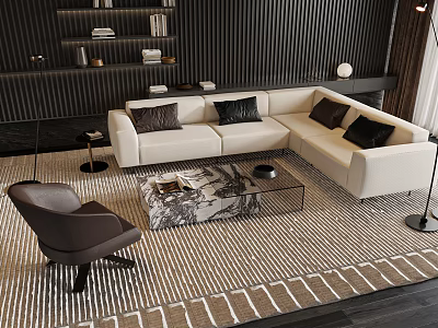 Modern White L Shaped Sofa and Glass Coffee Table Set with Black Cushions Striped Rug 3d model