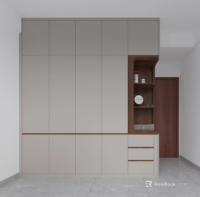 Modern Wardrobe Design Featuring Light Gray Doors Wooden Open Shelf Drawers And Clock 3d model 