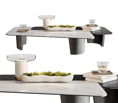 Modern Marble Coffee Table With Geometric Black Base And Green Moss Balls Glass Cups 3d model