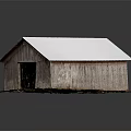 Rustic Wooden Barn Featuring White Roof Open Doorway And Crates Inside On Grass Dirt Base