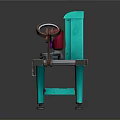 Green Workbench With Desk Lamp Red Container Purple Object Drawers And Shelves