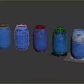 Five Blue Containers With Sealed Barrels And Transparent Jar Containing Ice Cubes And Spilled Liquid 3d model