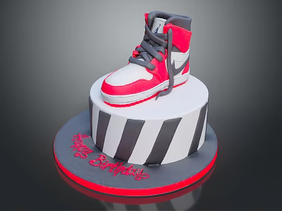 Red And Gray High Top Sneaker Shaped Cake With Black White Striped Base For Birthday 3d model
