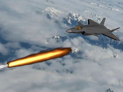 Modern Fighter Jet Launches Missile While Flying Over Clouds And Mountains 3d model