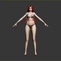 3d model woman with red hair wearing black bikini standing on gray background