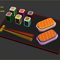 Fresh Salmon Sushi on Black Tray with Sushi Rolls and Orange Chopsticks