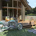 Wooden Detached Villa With Lawn Trees Mountain View Dog And Motorcycle