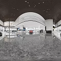 Modern Spacious Car Showroom With Glass Curtain Wall Black Sports Car Chandelier And Display Area