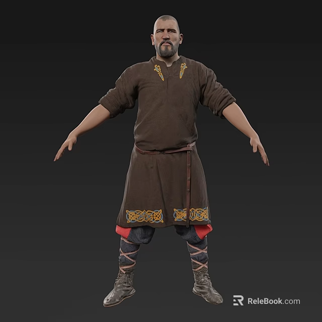 Human Medieval Character In Brown Robe With Gold Embroidery Red Pants And Strapped Boots Arms Outstretched 3d model 