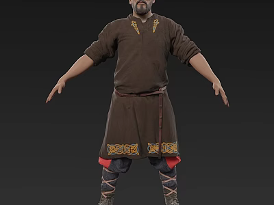 Human Medieval Character In Brown Robe With Gold Embroidery Red Pants And Strapped Boots Arms Outstretched 3d model