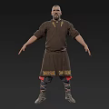 Human Medieval Character In Brown Robe With Gold Embroidery Red Pants And Strapped Boots Arms Outstretched