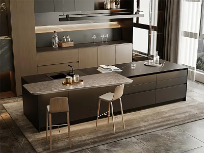 Modern Bar Counter Interior With Marble Top Wooden Stools And Storage Cabinets 3d model