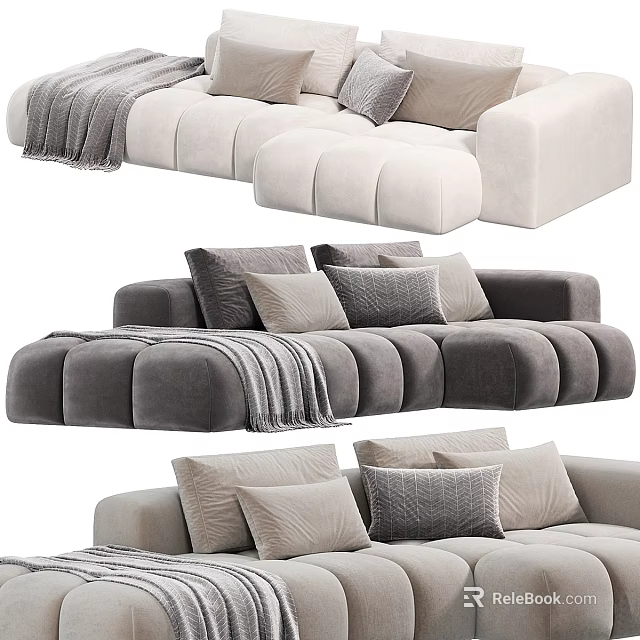 Modern Sectional Sofas in Beige and Dark Gray with Soft Pillows and Cozy Blankets 3d model