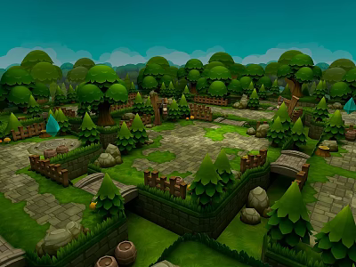 Cartoon Style Forest Garden Scenery With Lush Green Trees Stone Paths And Small Bridges 3d model