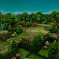 Cartoon Style Forest Garden Scenery With Lush Green Trees Stone Paths And Small Bridges