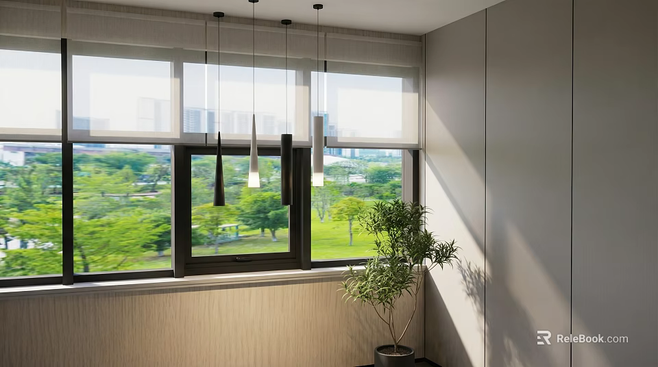 Modern Minimalist Room Pendant Lights With Large Window Green Park View And Potted Plant 3d model 