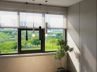 Modern Minimalist Room Pendant Lights With Large Window Green Park View And Potted Plant 3d model