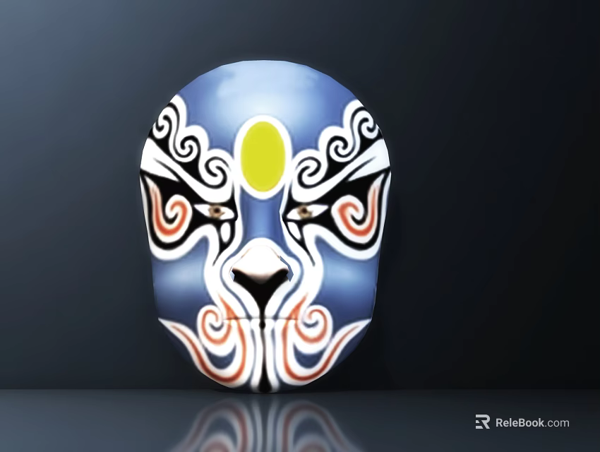 Traditional Peking Opera Mask Sculpture with Blue Base Yellow Circle and Curved Patterns 3d model 