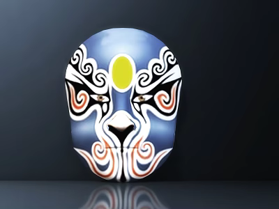 Traditional Peking Opera Mask Sculpture with Blue Base Yellow Circle and Curved Patterns 3d model