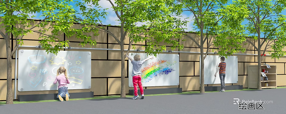 Kindergarten Outdoor Playground With Child Drawing Rainbow On Wall Board And Green Trees 3d model 