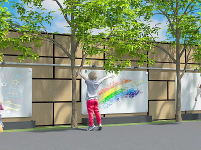 Kindergarten Outdoor Playground With Child Drawing Rainbow On Wall Board And Green Trees 3d model