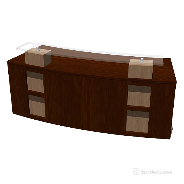 Dark Brown Wooden Reception Desk With Curved Design Transparent Countertop And Storage Compartments 3d model 