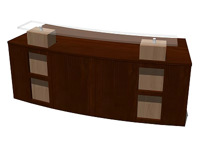 Dark Brown Wooden Reception Desk With Curved Design Transparent Countertop And Storage Compartments 3d model