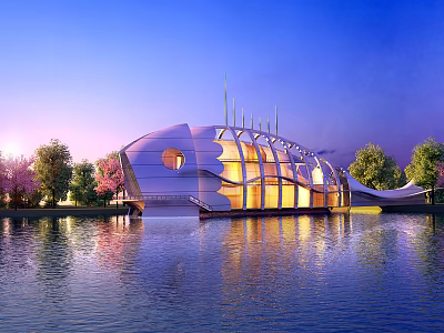 Modern Waterfront Hotel Building With Curved Exterior Illuminated By Lights And Surrounding Trees 3d model