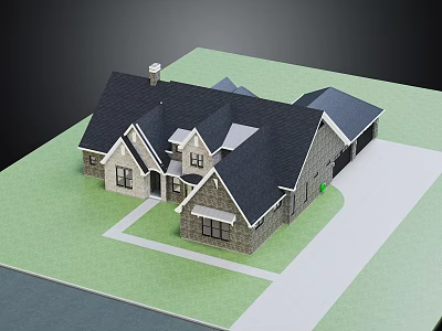 Single Family Detached House With Dark Roof Brick Exterior Green Lawn And Concrete Driveway 3d model
