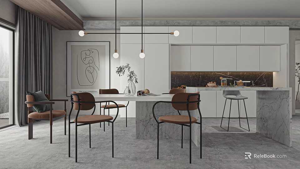 Modern Open Concept Dining Space With Integrated Kitchen Dining Table Chairs And Pendant Lights 3d model