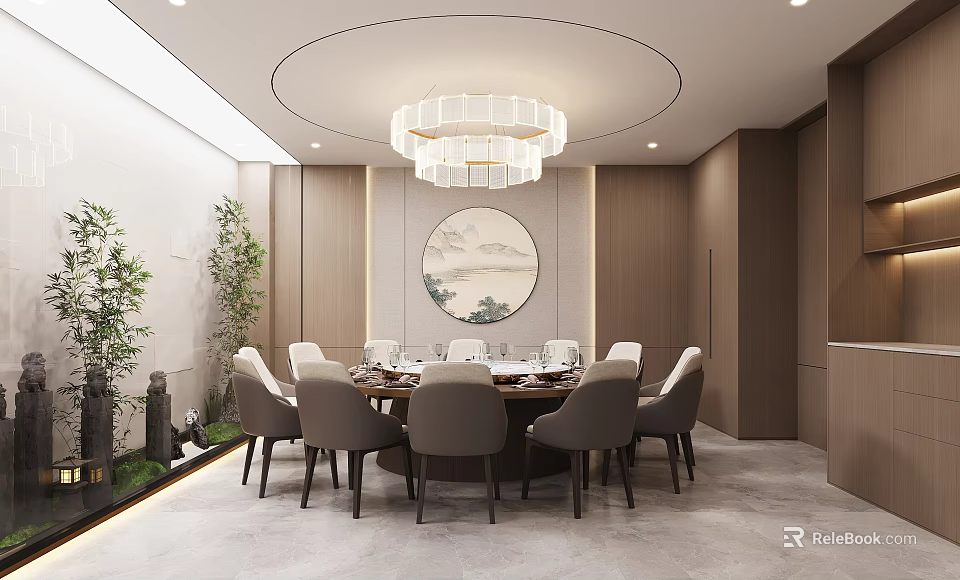 Elegant Chinese Private Dining Room Interior With Round Table Chandelier And Decorative Art 3d model 