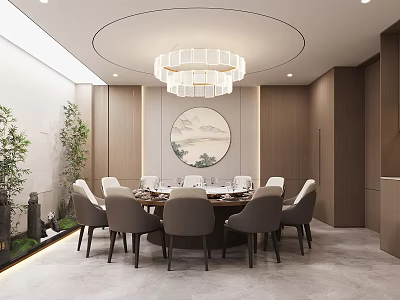Elegant Chinese Private Dining Room Interior With Round Table Chandelier And Decorative Art 3d model